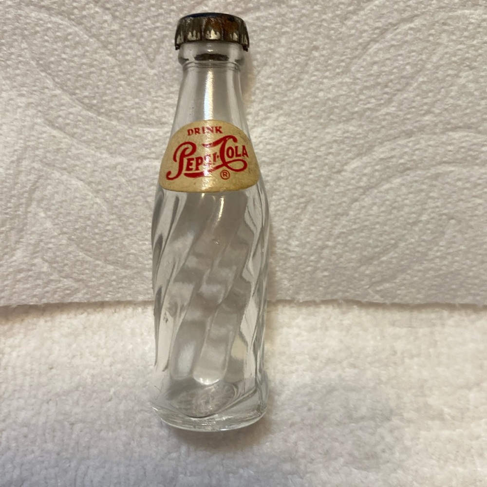 Vintage Pepsi Cola Miniature 2 1/2” Swirl Glass 
Red White Blue Metal Cap Top